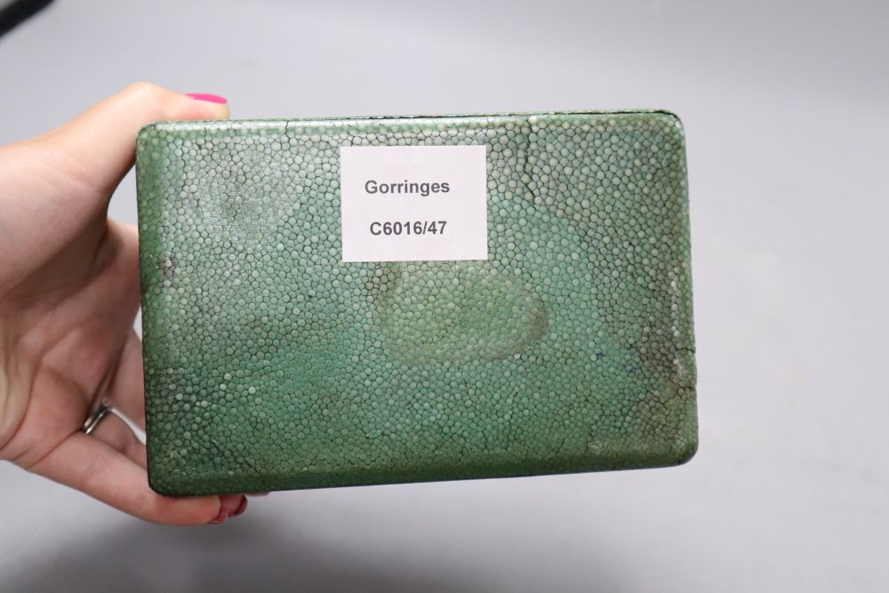 An early 20th shagreen and silver mounted cigarette box, width 15cm